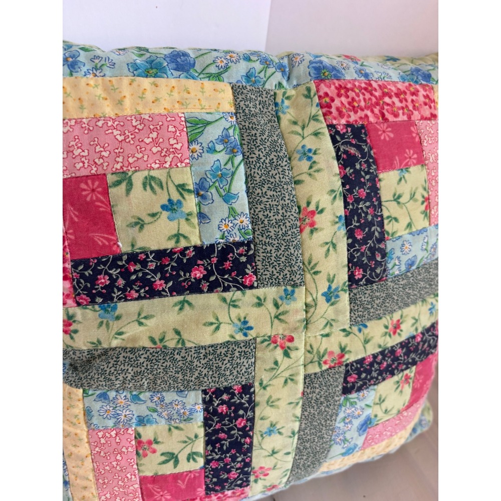 Vintage Handmade Quilted Patchwork Log Cabin Floral Pillow 12x12 Cottagecore - Picture 2 of 9